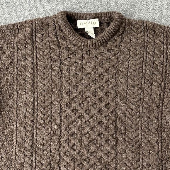Orvis Sweater Mens Large Brown Fishermans Wool Cable Knit Crewneck Ireland VTG